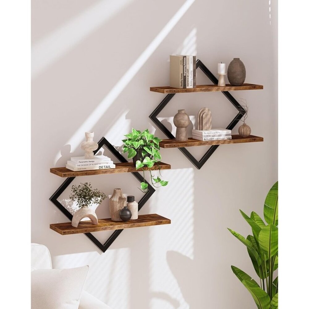 New Floating Wall Shelves Set of 2 Rustic 2-Tier Hanging Shelves for Home Office